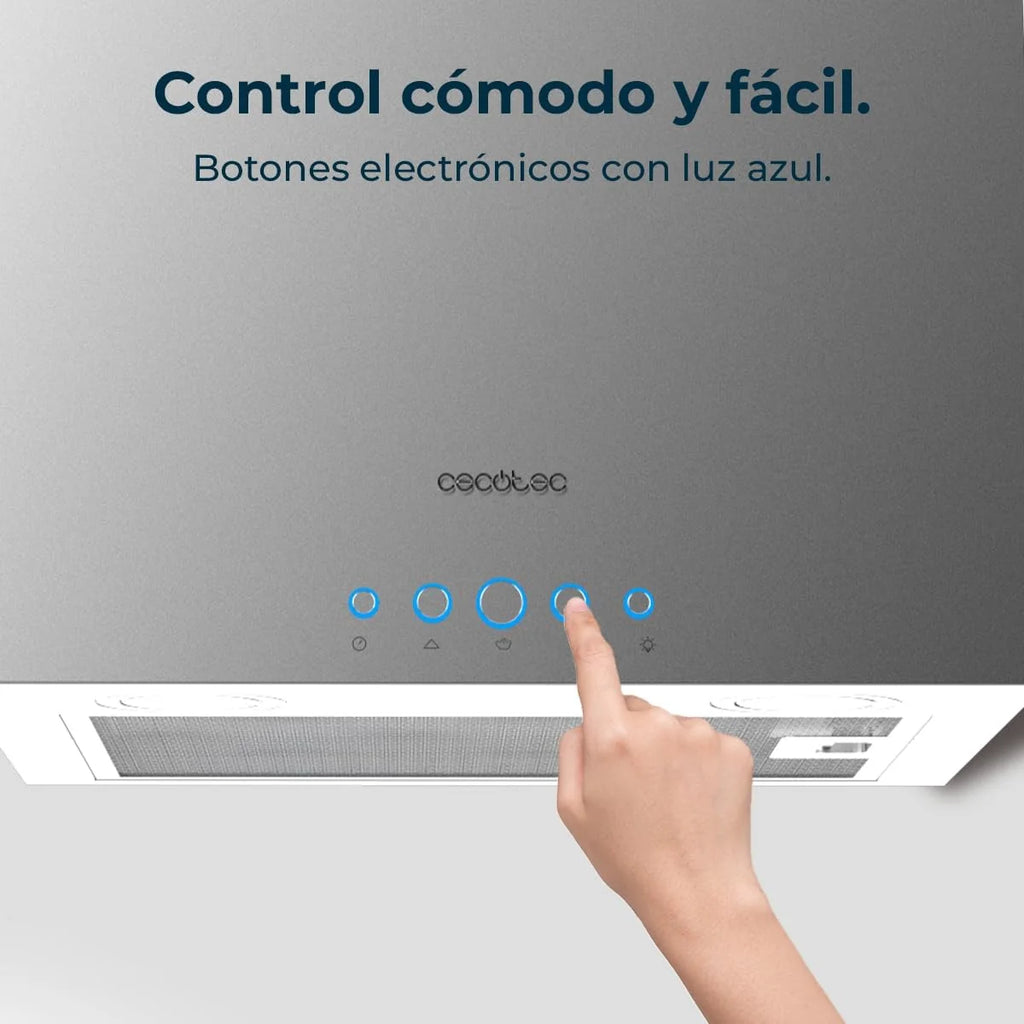Cecotec Okap kuchenny 38 cm kwadratowa wyspa Bolero Flux ICT 388000 stal nierdzewna A++. Wykończenie ze stali nierdzewnej, ssanie 800m3/h, silnik 210 W, klasa A++, 3 poziomy, filtr węglowy Ø176,