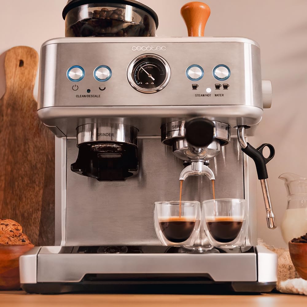 Cafetera express Cecotec Barista Power Espresso 20 Barista. 2250 W, 20 bares, manómetro y 2 thermoblocks, depósito de café en grano, molinillo con 20 niveles, vaporizador