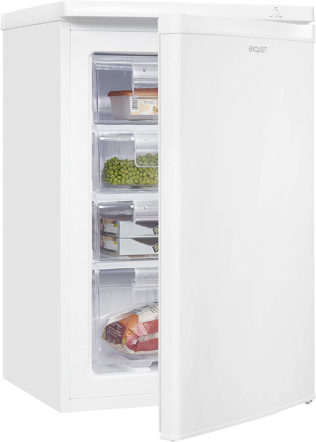 Exquisit® Congelador de sobremesa 91L, color blanco, clase E, congelador de 4 estrellas, 4 cajones transparentes, puerta reversible, control de temperatura, medidas (85,5 x 55,0 x 58,0 cm)