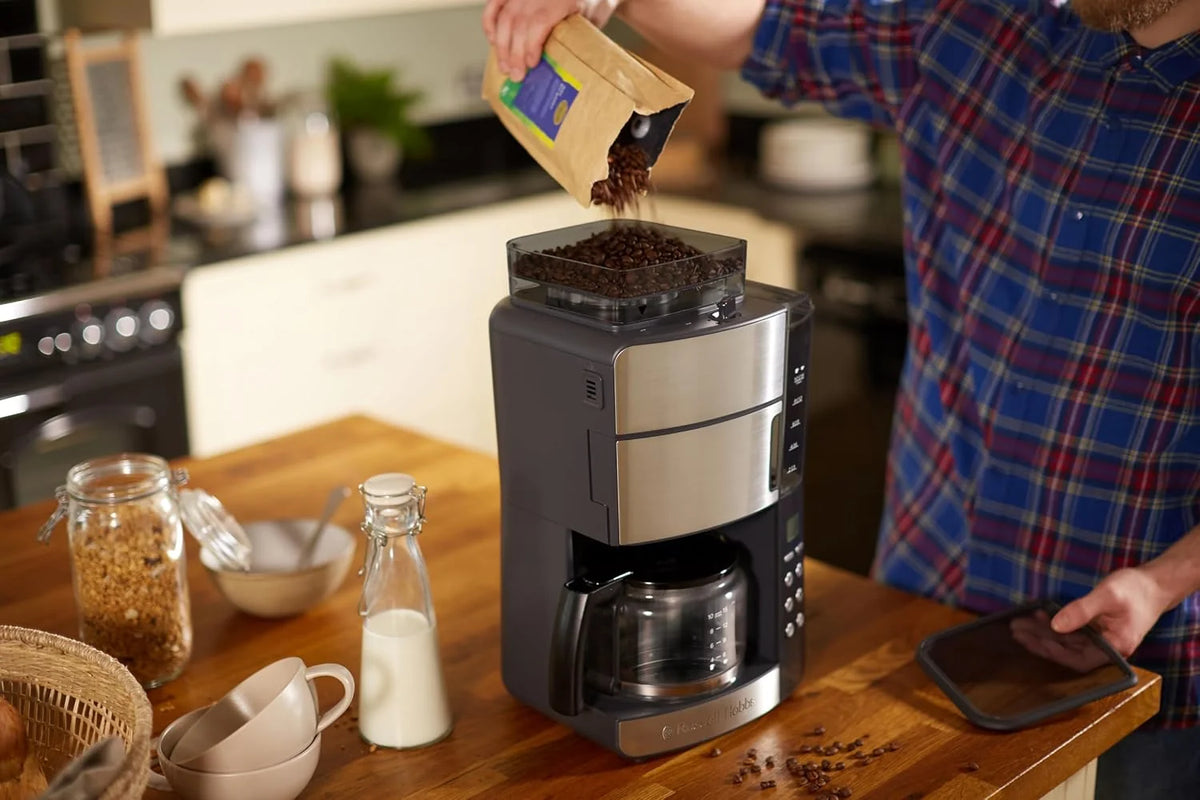 Russell Hobbs ekspres do kawy, wbudowany młynek, regulacja mocy zaparzenia kawy, programowalny timer, podtrzymywanie temperatury, pojemność 1,25l, moc 1000W, srebrny, Grind&Brew 25610-56