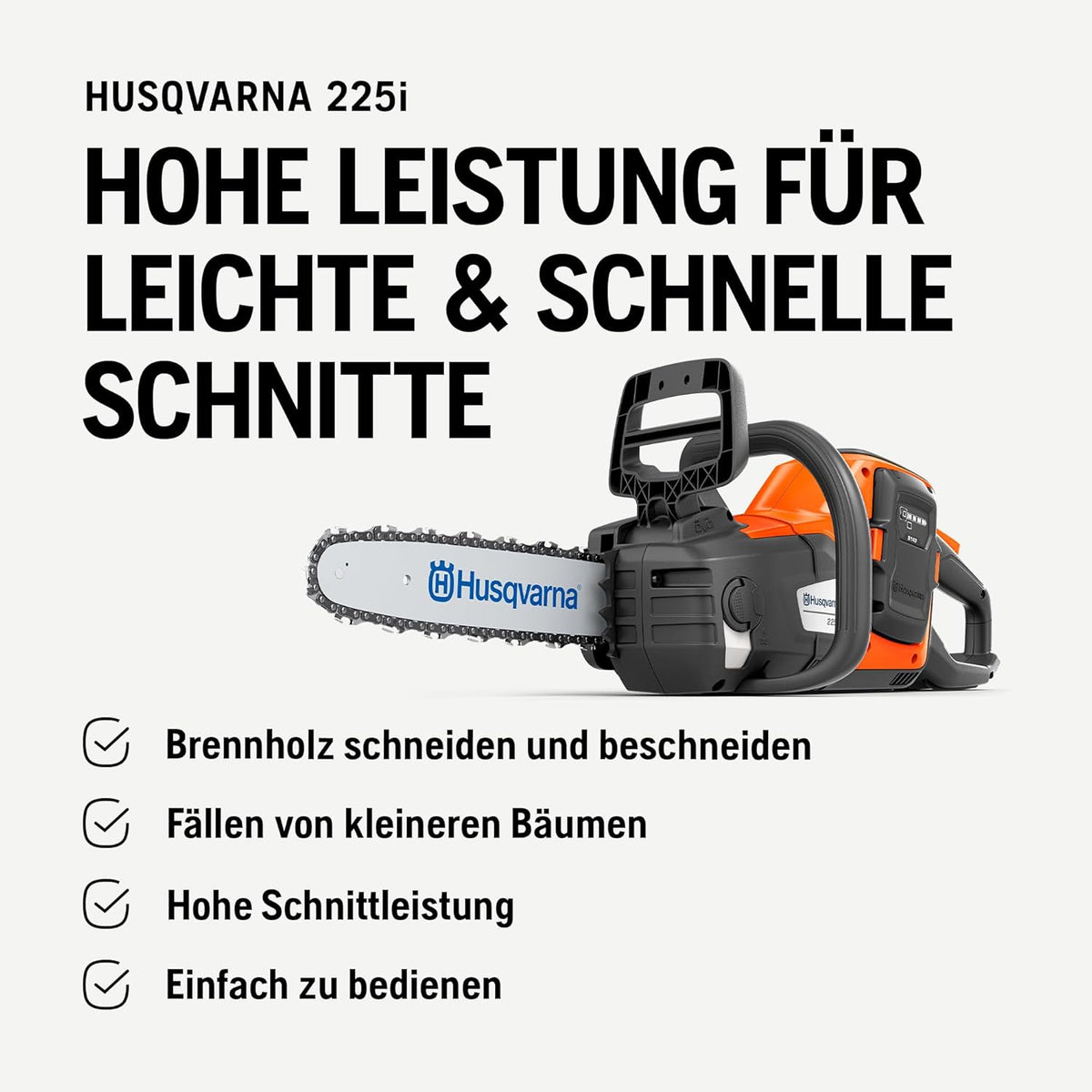 Motosierra de batería Husqvarna 225i: ligera, inalámbrica, silenciosa, espada de 14″, velocidad de cadena de 20 m/s, ideal para poda y mantenimiento de jardines (incluye batería y cargador)