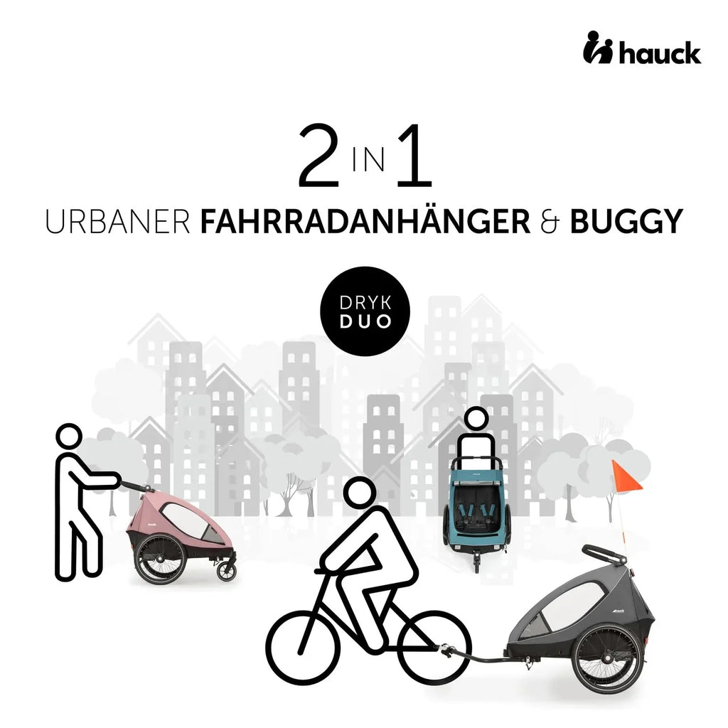 Remolque infantil para bicicleta Dryk Duo 2 en 1, remolque y cochecito para 2 niños, plegable, con barra de tiro y bandera de seguridad