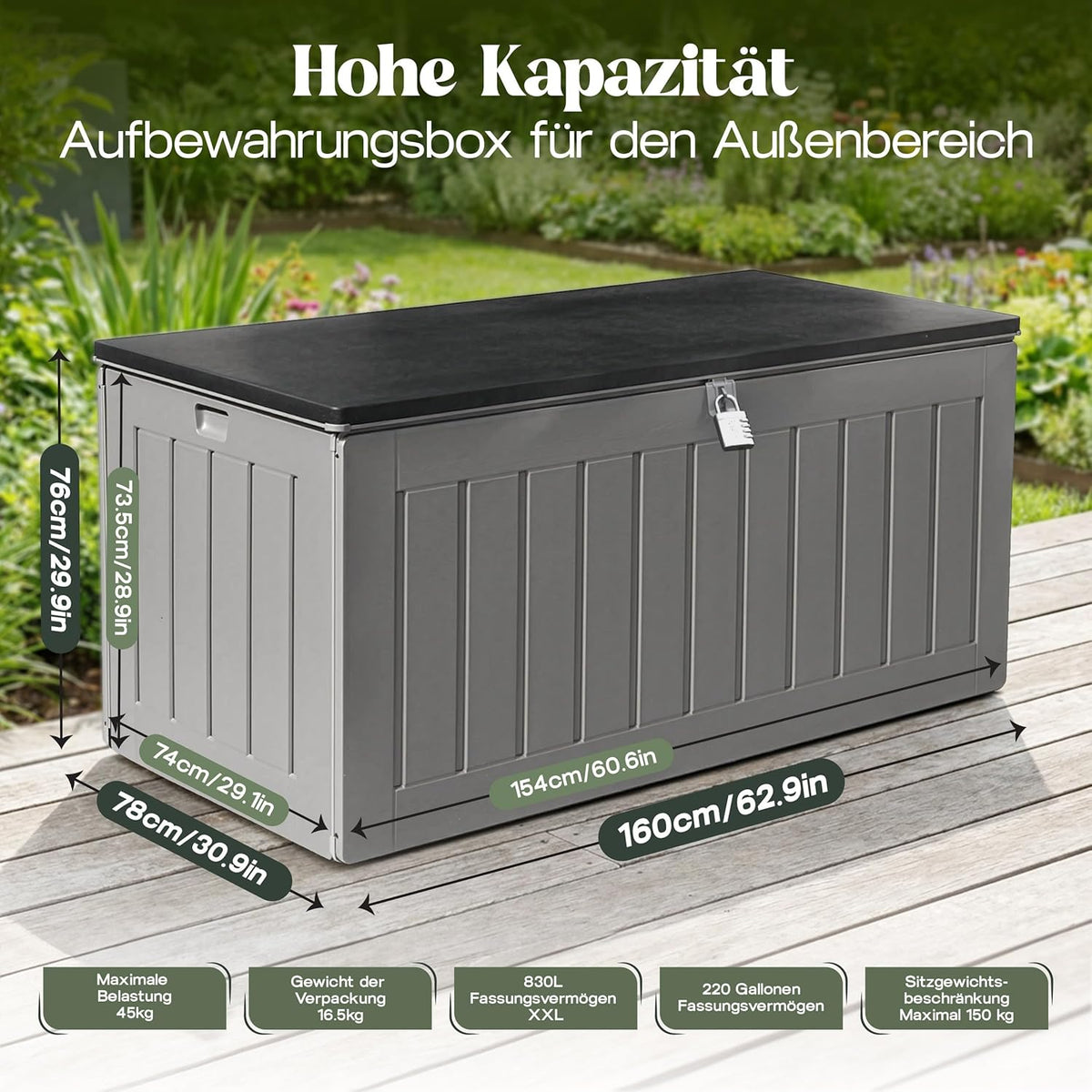 Olsen & Smith Caja de almacenamiento XXL 830L, baúl de jardín con tapa grande, caja impermeable para cojines, armario de jardín para cojines y cajas de almacenamiento para jardín, balcón, terraza, color antracita, caja para paquetes