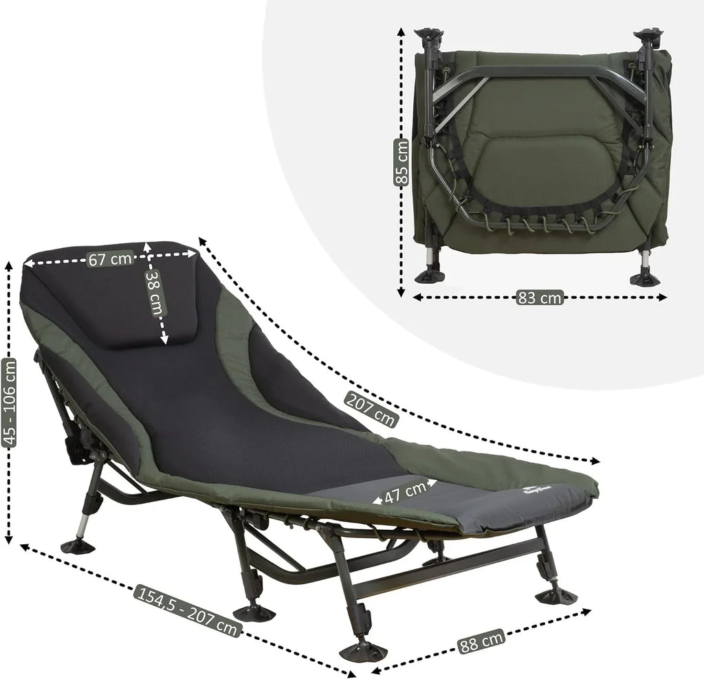 Catre de pesca XXL AL05 207 x 88 cm, cama de camping de altura regulable con 8 patas, marco de aluminio, incluye bolsa de transporte