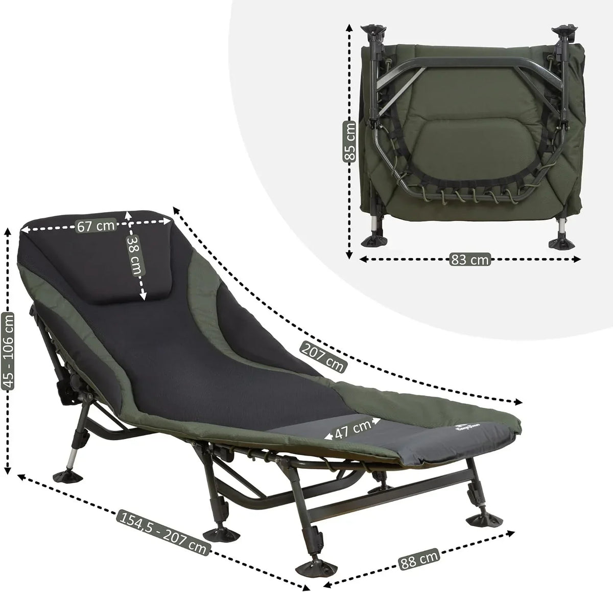 Catre de pesca XXL AL05 207 x 88 cm, cama de camping de altura regulable con 8 patas, marco de aluminio, incluye bolsa de transporte