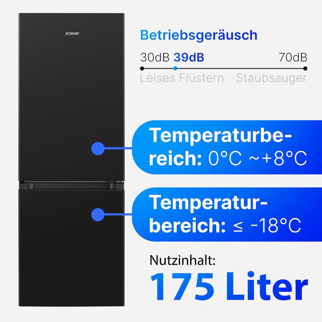Bomann, KG320, Refrigerador y congelador 175L, Control de temperatura continuo, Bisagras de puerta a la derecha, intercambiables, Patas ajustables, Negro