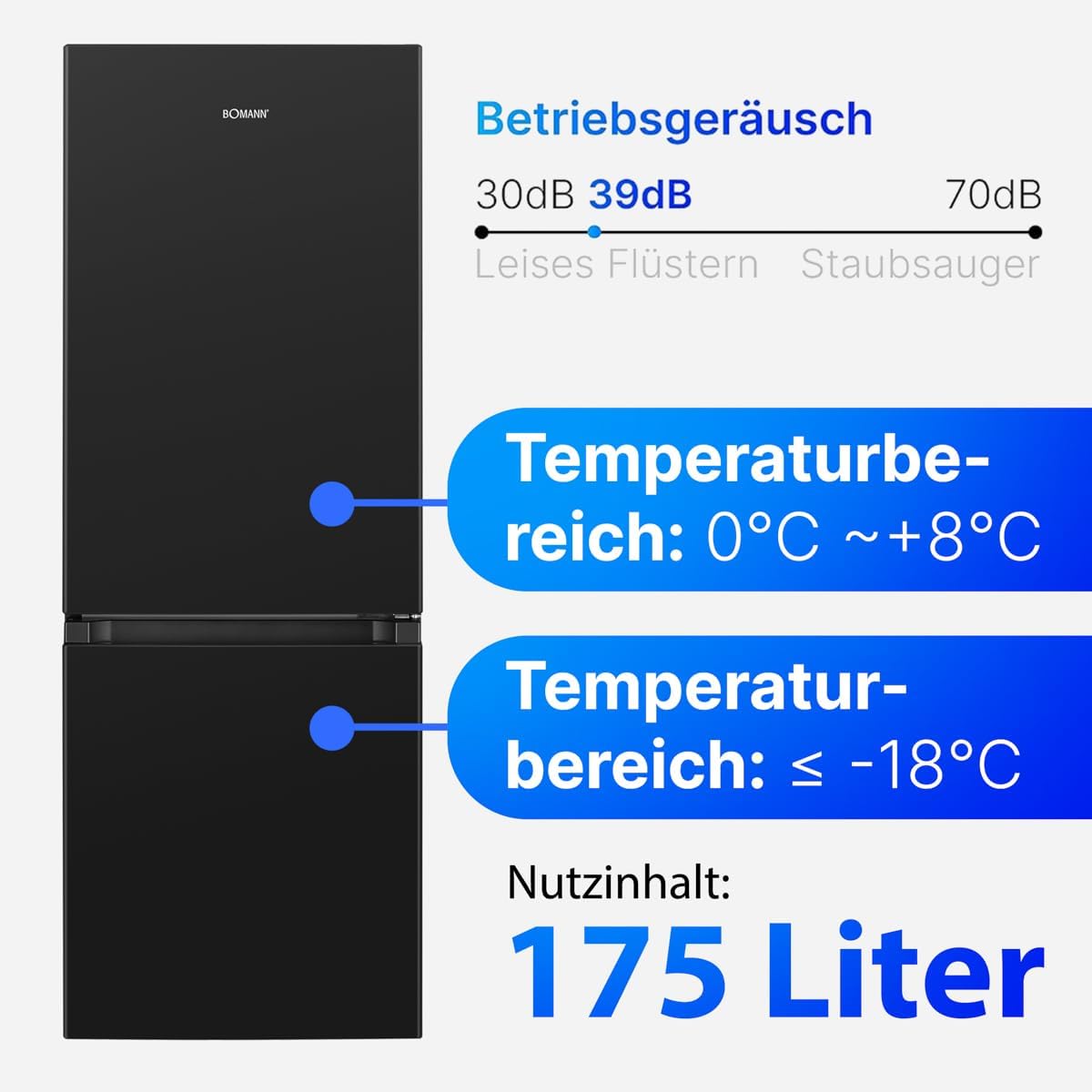 Bomann, KG320, Refrigerador y congelador 175L, Control de temperatura continuo, Bisagras de puerta a la derecha, intercambiables, Patas ajustables, Negro