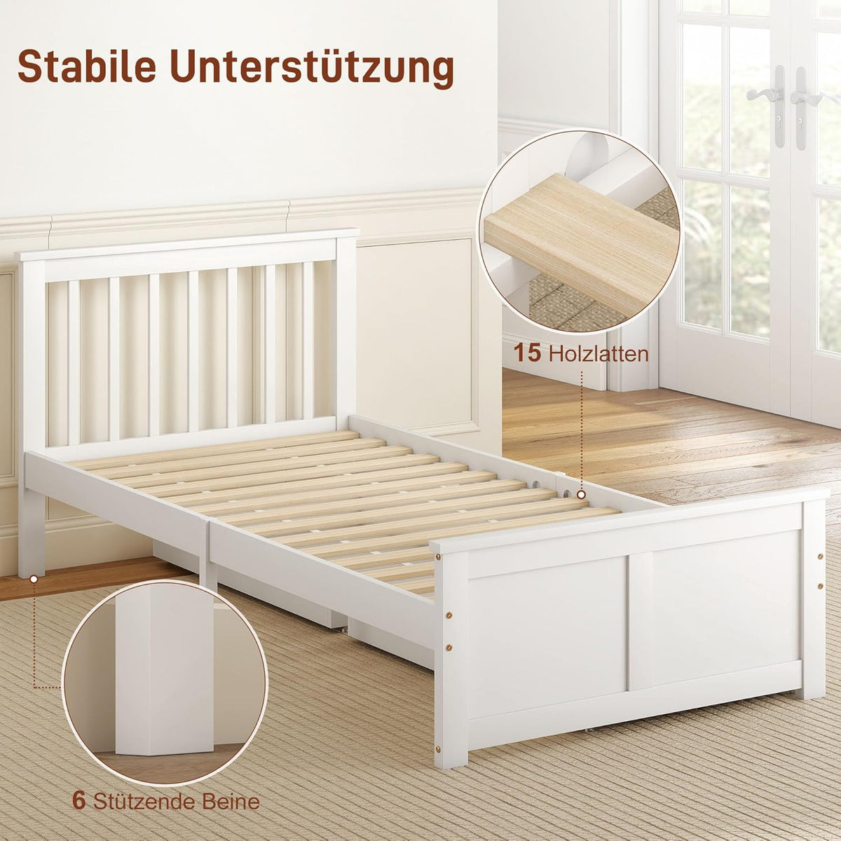 HOMCOM Cama de 90 x 200 cm, estructura de cama con somier de láminas de madera, cajón, almacenaje bajo la cama, cama individual, cama de madera con cabecero, estructura de cama para dormitorio, habitación de invitados, blanco