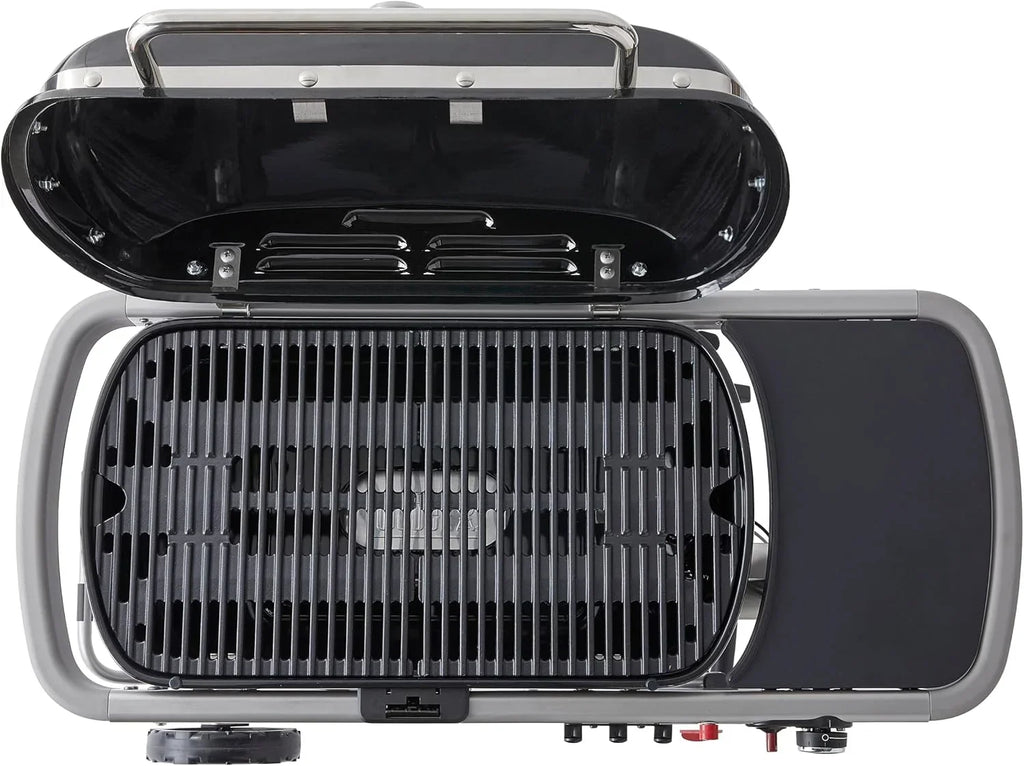 Barbacoa de gas portátil Traveler con soporte plegable y ruedas, quemador de 3,8 kW, superficie de cocción de 2065 cm² y termómetro en la tapa