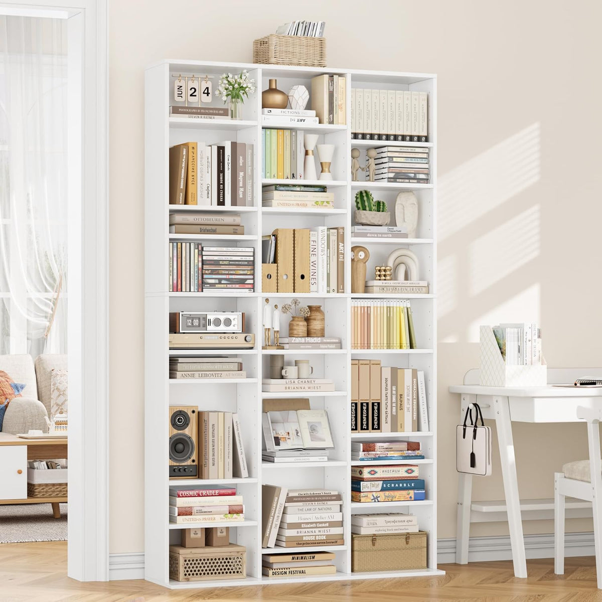 Estantería para libros FirFurd de 190 cm, estante para CD con 27 compartimentos, soporte para CD ajustable en altura, estantería de pie, separador de ambientes para sala de estar, estudio, blanco