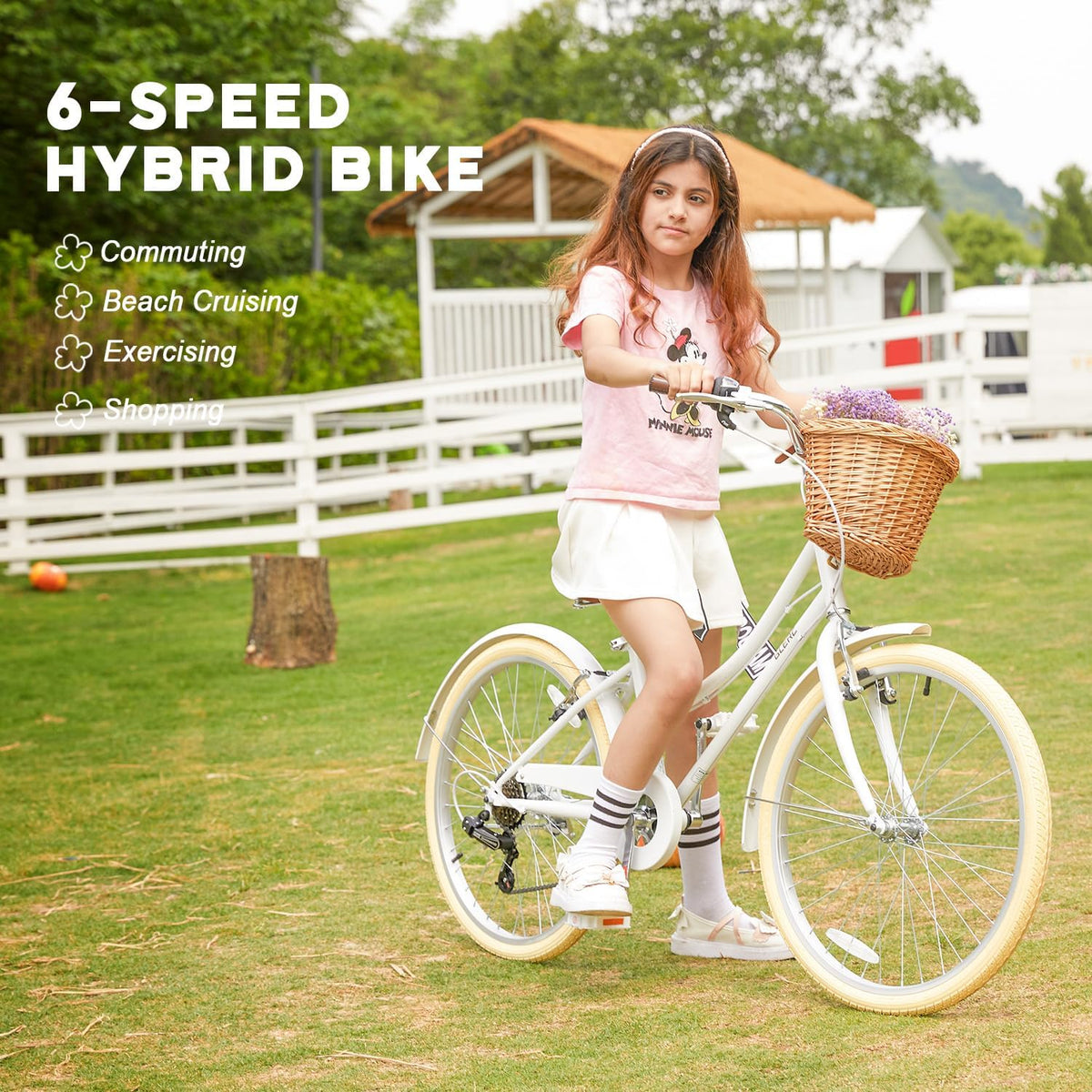 Glerc Missy 20, 24, 26 pulgadas bicicleta híbrida urbana tipo crucero para niñas, de 6 velocidades, con cesta de mimbre, para jóvenes mayores de 6 años, varios colores