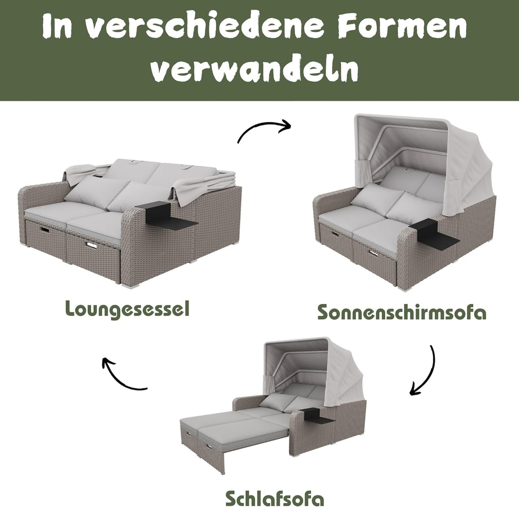 Sofá lounge de poliratán, sofá de jardín de dos plazas con función reclinable, tumbona de jardín con toldo extraíble, sofá lounge tipo cama de día con cojines, caqui