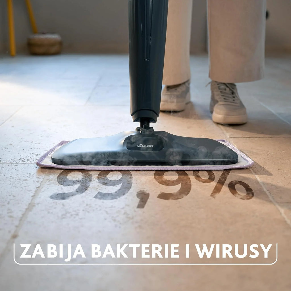 Mop parowy Vileda Steam Plus Pro XXL, zabija do 99,9% bakterii i wirusów, idealny do delikatnych podłóg, z 4 trybami pary, posiada podstawkę do przechowywania