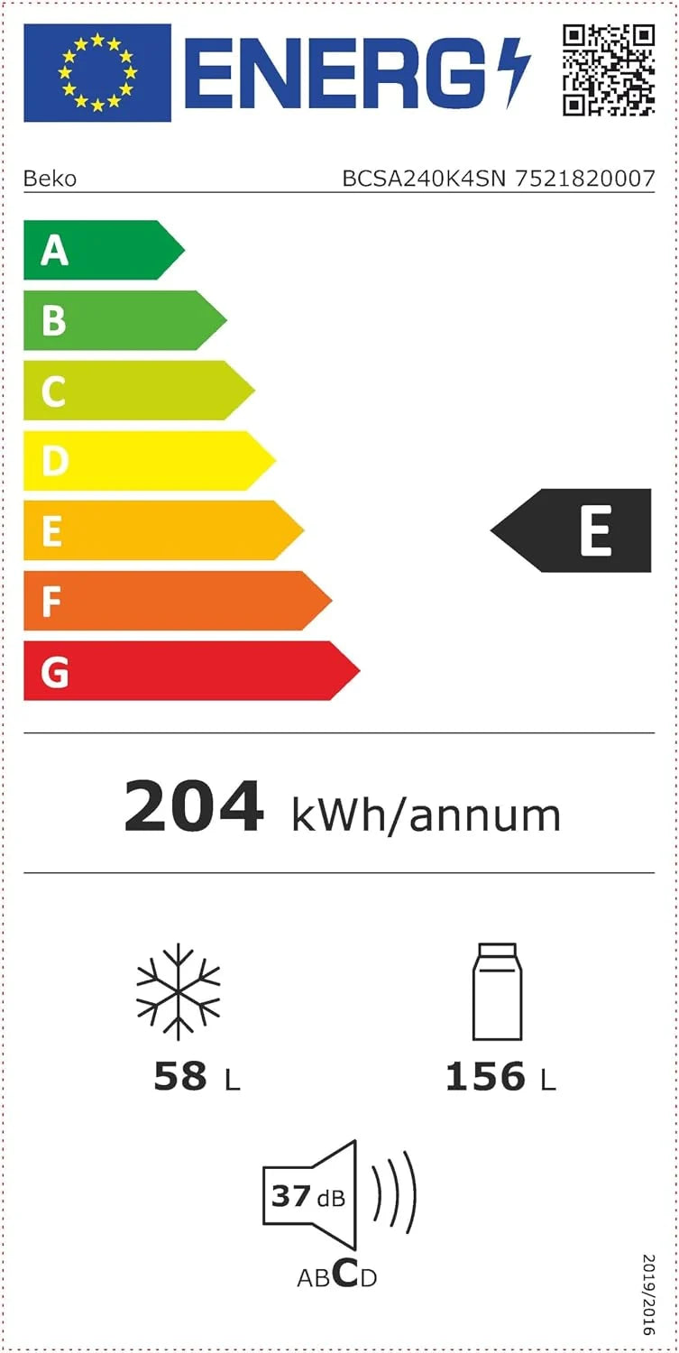 Beko BCSA240K4SN b100 lodówko-zamrażarka, pojemność użytkowa 214 l, chłodzenie 156 l, zamrażanie 58 l, wnęka 145, technologia drzwi holowanych, sprężarka ProSmart Inverter, 37 dB, urządzenie do