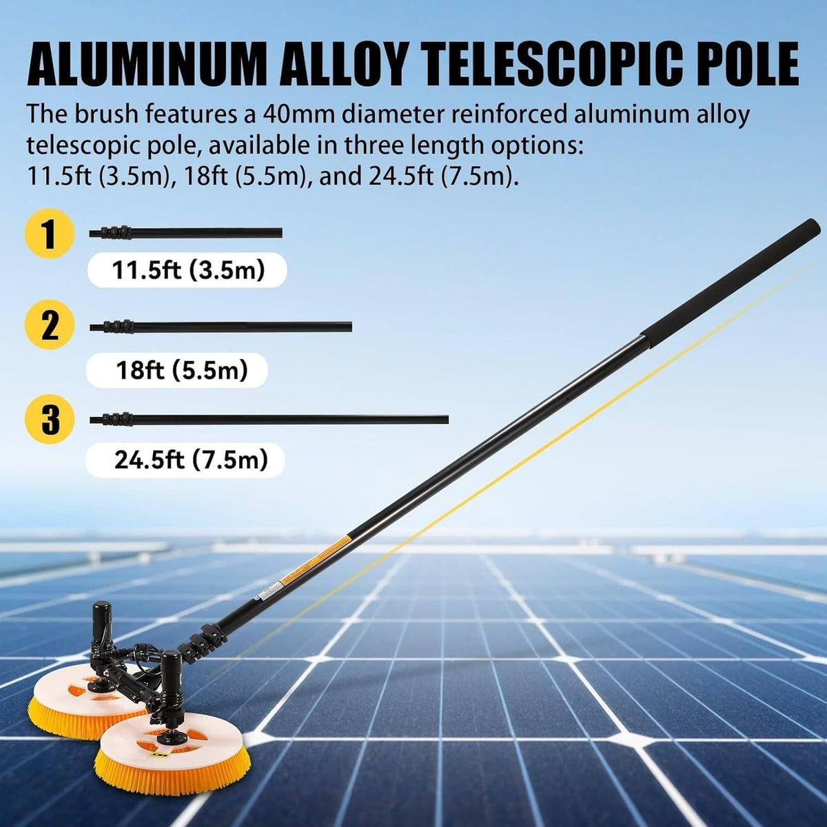 Cepillo de limpieza solar profesional para exteriores, cabezal de doble rotación, 65 cm/25.59 pulgadas de ancho de trabajo, pértiga telescópica, resistente al agua y ahorro de energía, para instalaciones fotovoltaicas (red eléctrica, 7.5 m)