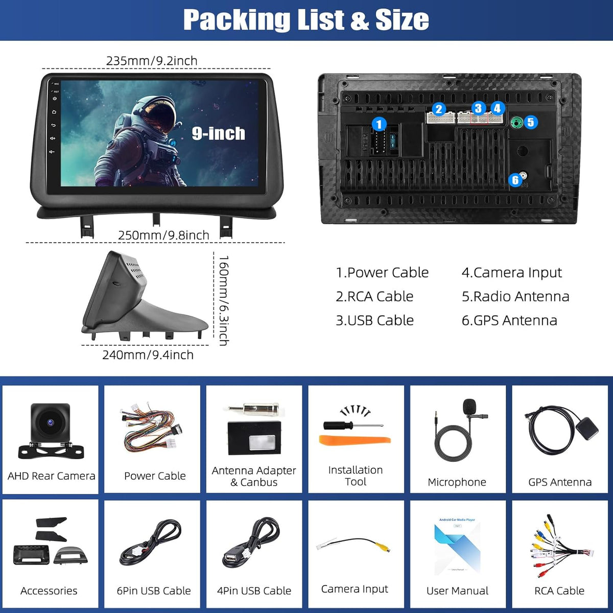 Autorradio SIXWIN 4+64G Android 13 para Renault Clio 3ª generación 2005-2014 con CarPlay, Android Auto, Mirrorlink, pantalla táctil de 9 pulgadas, navegador, WiFi, Bluetooth 5.0, FM/RDS, 32EQ y cámara de visión trasera