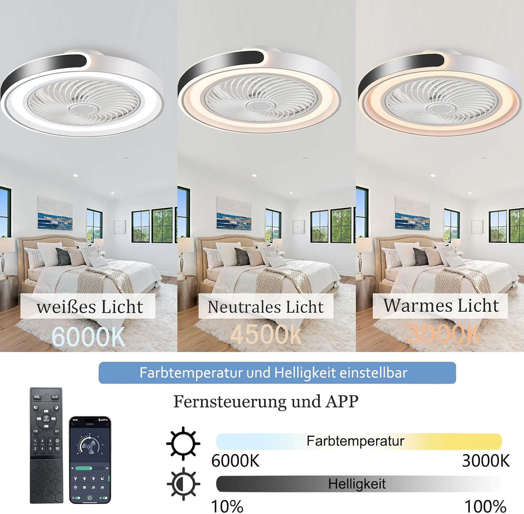 Ventilador de techo con iluminación y mando a distancia, regulable, lámpara de techo con ventilador y APP, silencioso, con temporizador - 6 velocidades, modo verano e invierno (blanco y negro)