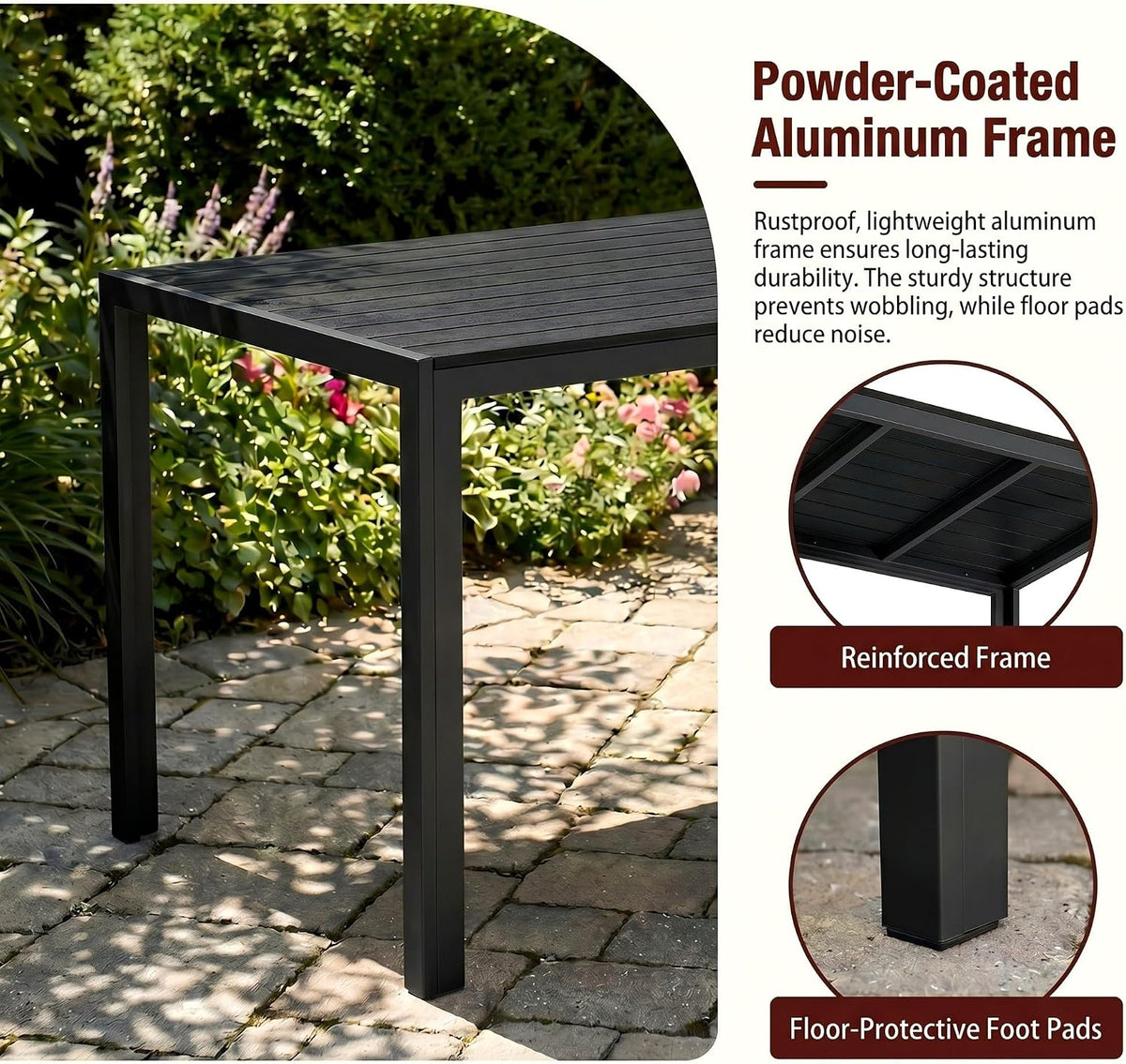 Mesa de jardín LIFERUN 110x70 cm con marco de aluminio - Mesa de balcón rectangular de WPC para 4-6 personas, mesa de terraza resistente a la intemperie y a los rayos UV, mesa de comedor exterior moderna con aspecto de madera, negro