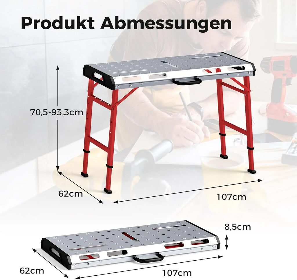 COSTWAY stół warsztatowy składany, stół roboczy z regulacją wysokości 107 x 53 cm z udźwigiem 450 kg, stół spawalniczy warsztatowy z 2 uchwytami zaciskowymi i uchwytem transportowym, stół narzędziowy