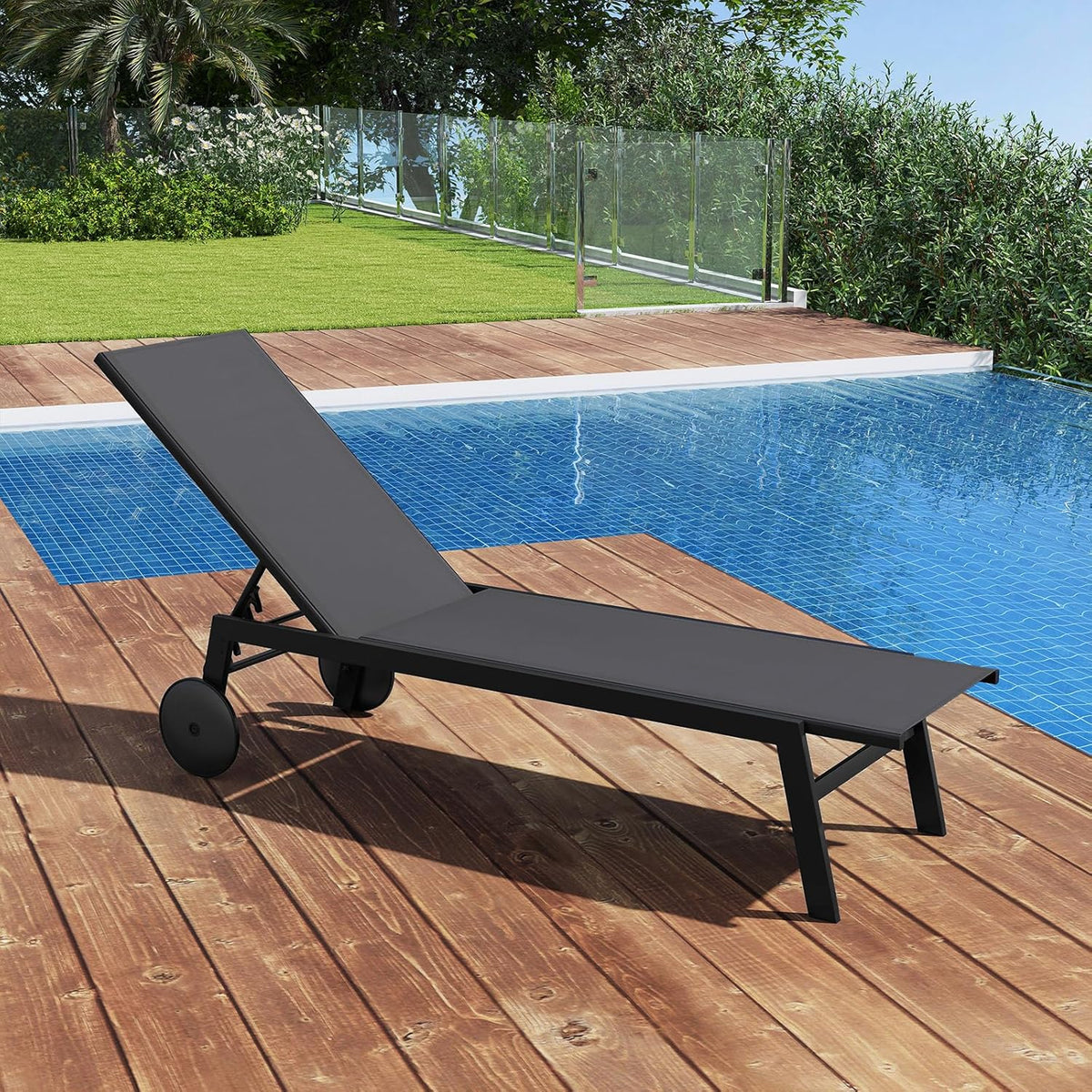 COSTWAY Juego de 2 tumbonas con ruedas, silla de jardín con respaldo ajustable y tela de secado rápido, tumbona con ruedas con capacidad de carga de hasta 150 kg, silla para jardín, balcón, terraza (gris)