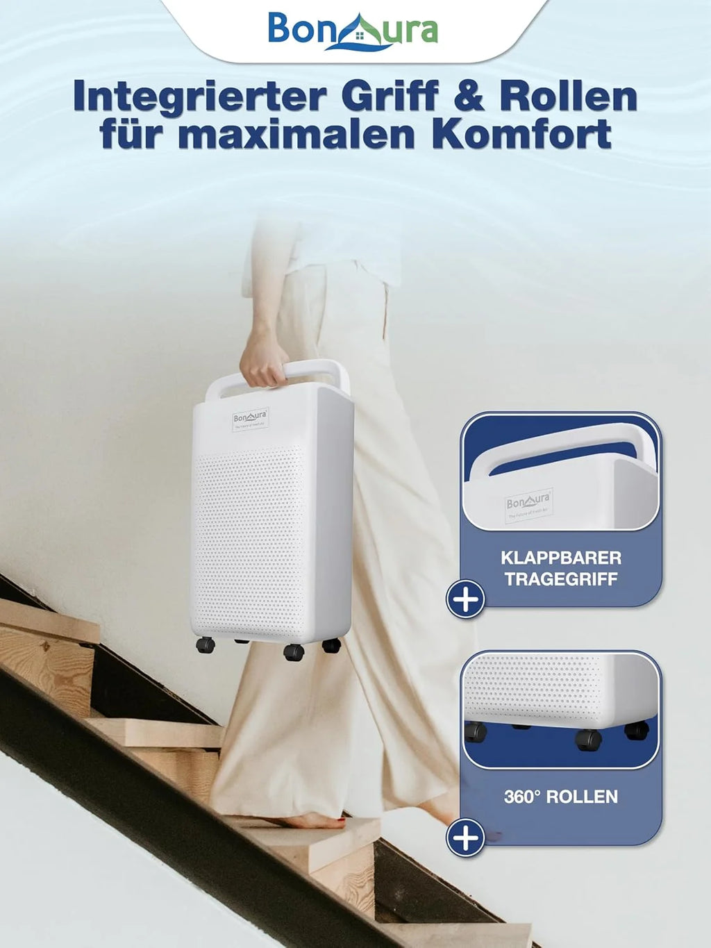 BonAura Elektryczny osuszacz powietrza 10 l – elektryczny i cichy (36 dB) z wyświetlaczem LED, timerem, trybem samochodowym, wężem drenażowym – osuszacz powietrza w piwnicy i pomieszczeniach do 40 m³