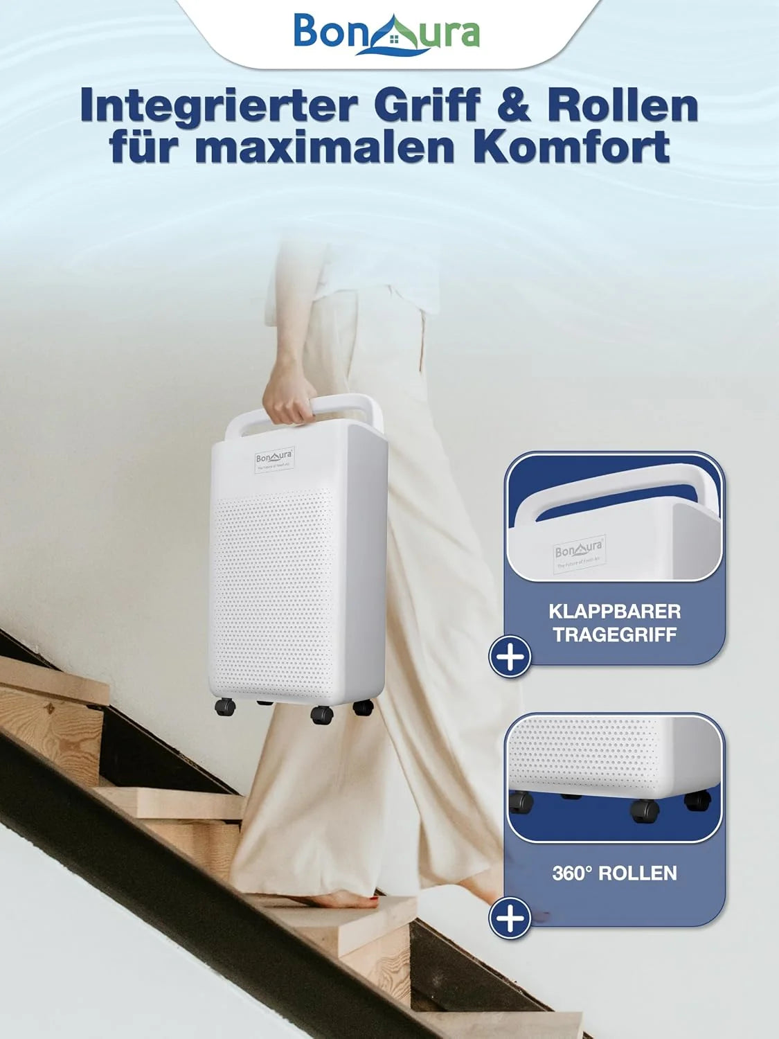 BonAura Elektryczny osuszacz powietrza 10 l – elektryczny i cichy (36 dB) z wyświetlaczem LED, timerem, trybem samochodowym, wężem drenażowym – osuszacz powietrza w piwnicy i pomieszczeniach do 40 m³