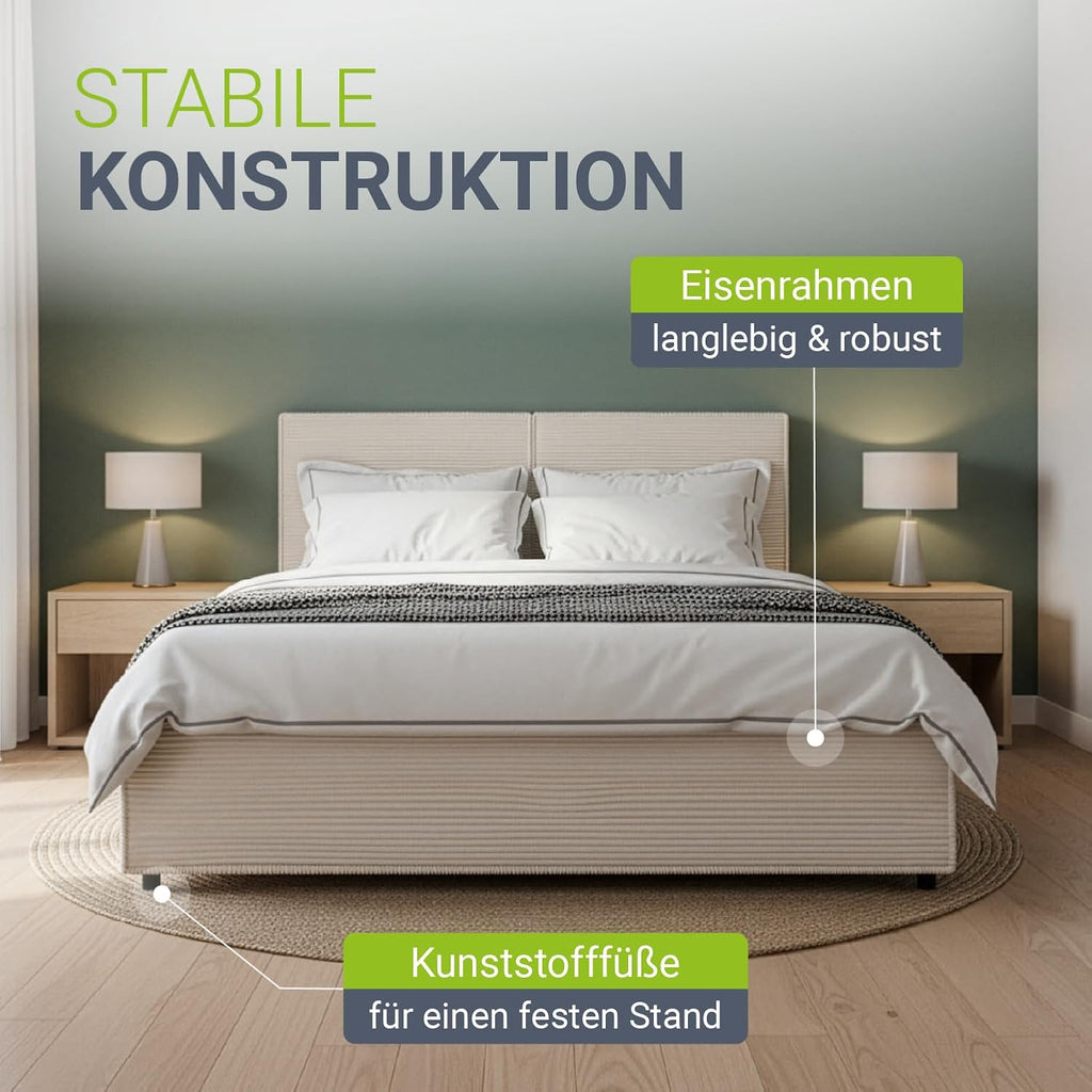 Cama tapizada Juskys Salerno 140 x 200 cm – Pana beige, cama moderna con cabecero y piecero, estructura estable de madera y metal, somier, capacidad de carga de 500 kg