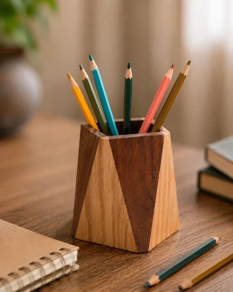 Portalápices geométrico de madera de nogal, organizador de escritorio abierto para artículos de papelería