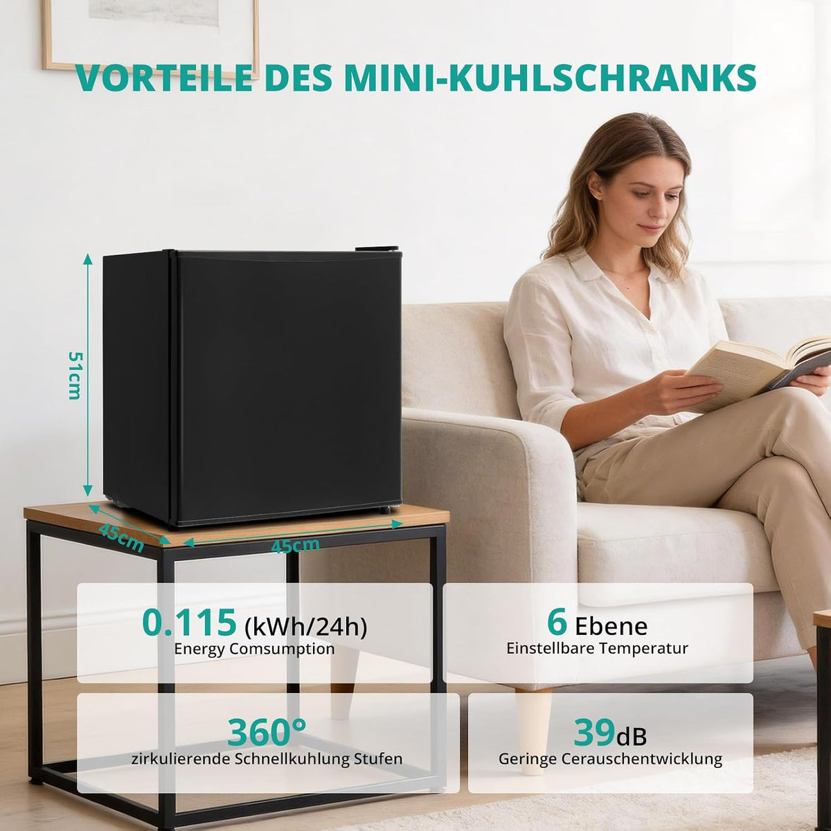 Mininevera SMETA 45L, frigorífico pequeño silencioso, 39dB, nevera para bebidas con termostato de 6 niveles 0-10°C, minibar con puerta reversible para hogar, oficina, camping y dormitorio, negro