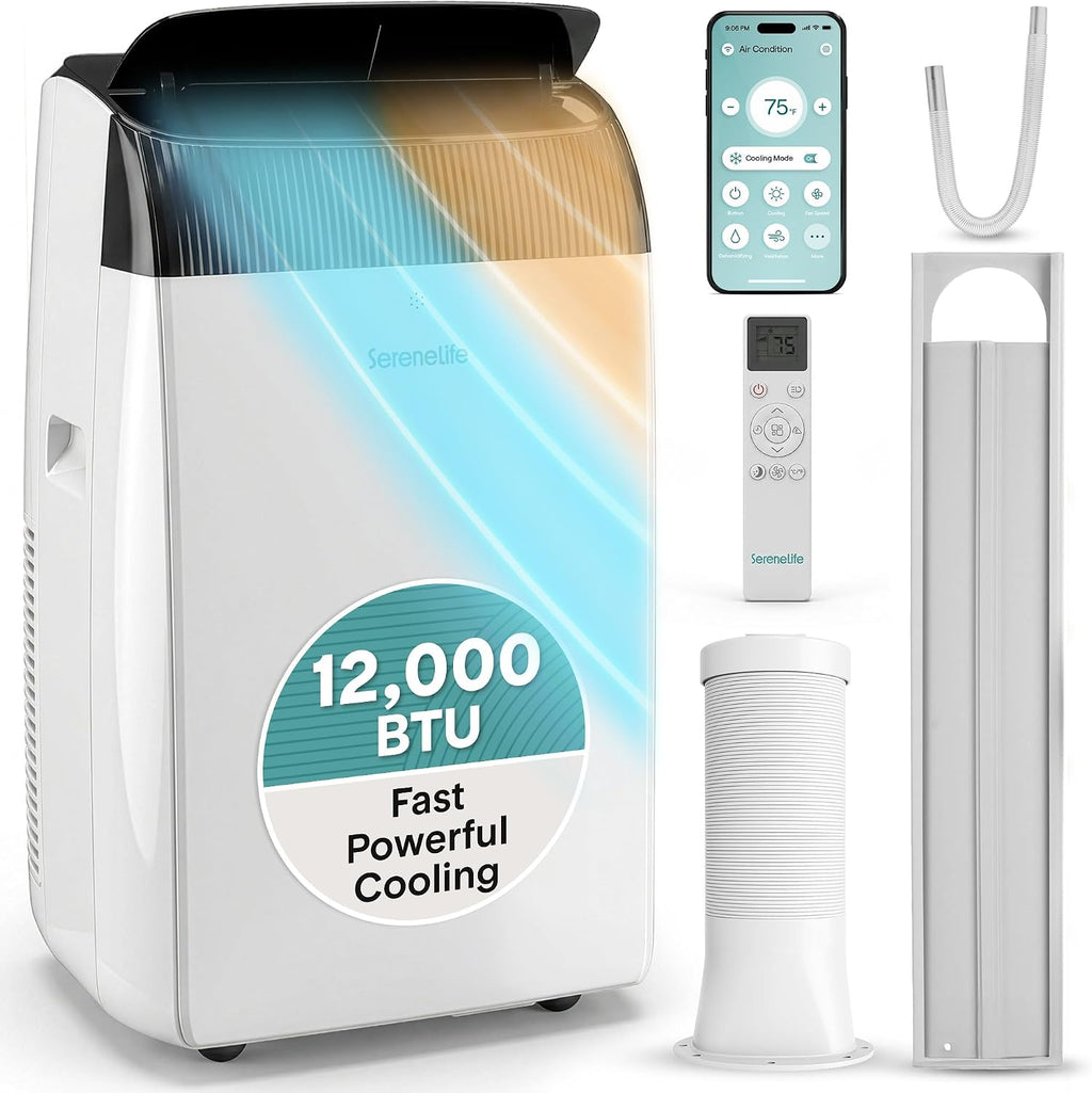 Aire acondicionado portátil SereneLife de 12,000 BTU con deshumidificador, calefacción y ventilador | Unidad de aire acondicionado portátil con Wi-Fi para control climático en áreas amplias | Aire acondicionado compacto de pie con kit para ventana