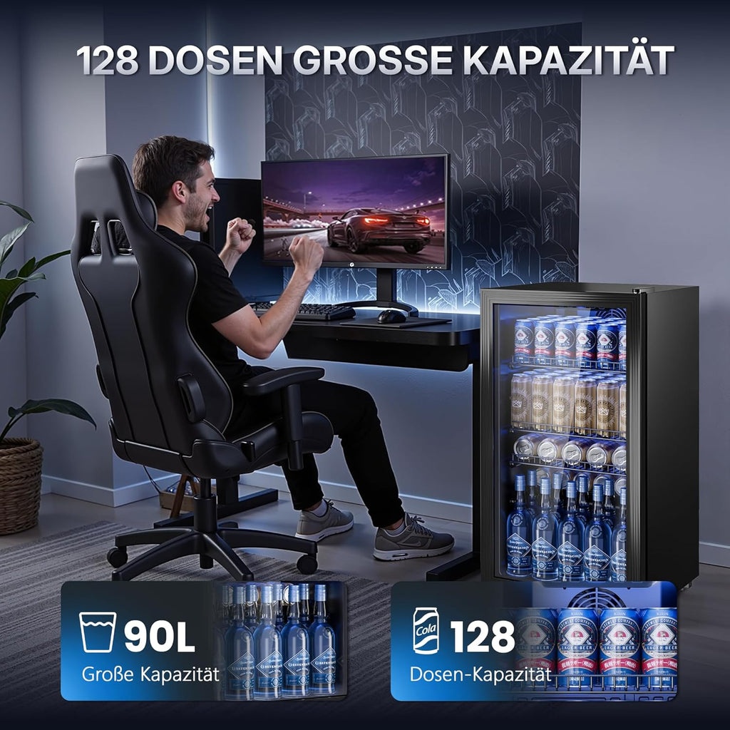 TRIUMPHKEY Mininevera de 90L con puerta de cristal, frigorífico compacto para bebidas con capacidad para hasta 128 latas, con estantes ajustables para cerveza, vino y refrescos, ideal para el hogar, bar, oficina o apartamento