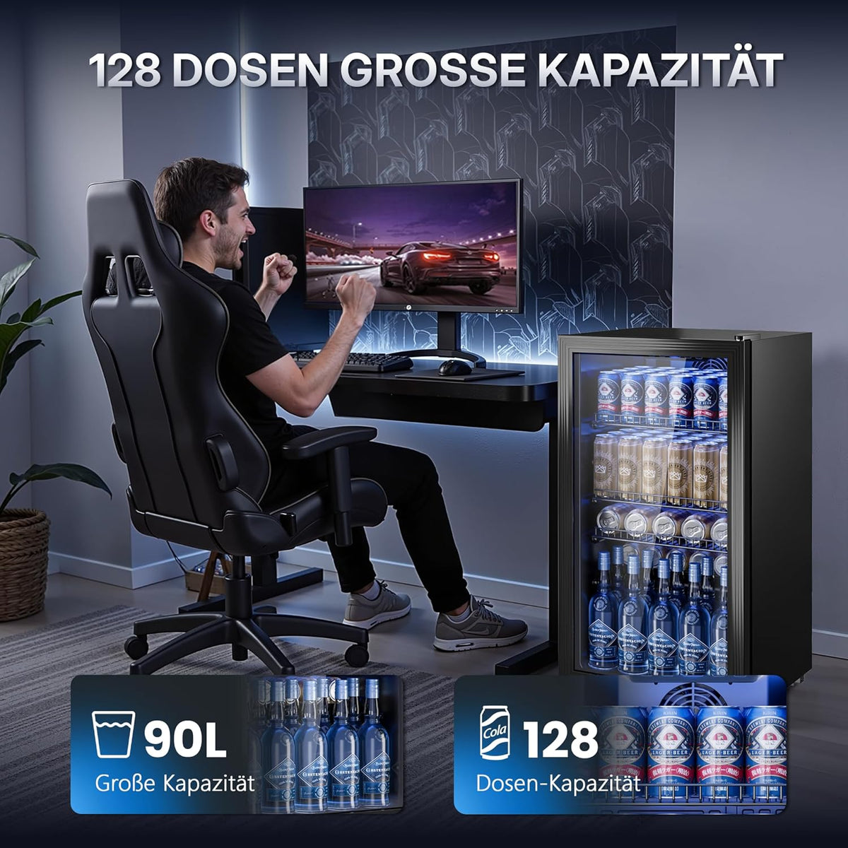 TRIUMPHKEY Mininevera de 90L con puerta de cristal, frigorífico compacto para bebidas con capacidad para hasta 128 latas, con estantes ajustables para cerveza, vino y refrescos, ideal para el hogar, bar, oficina o apartamento