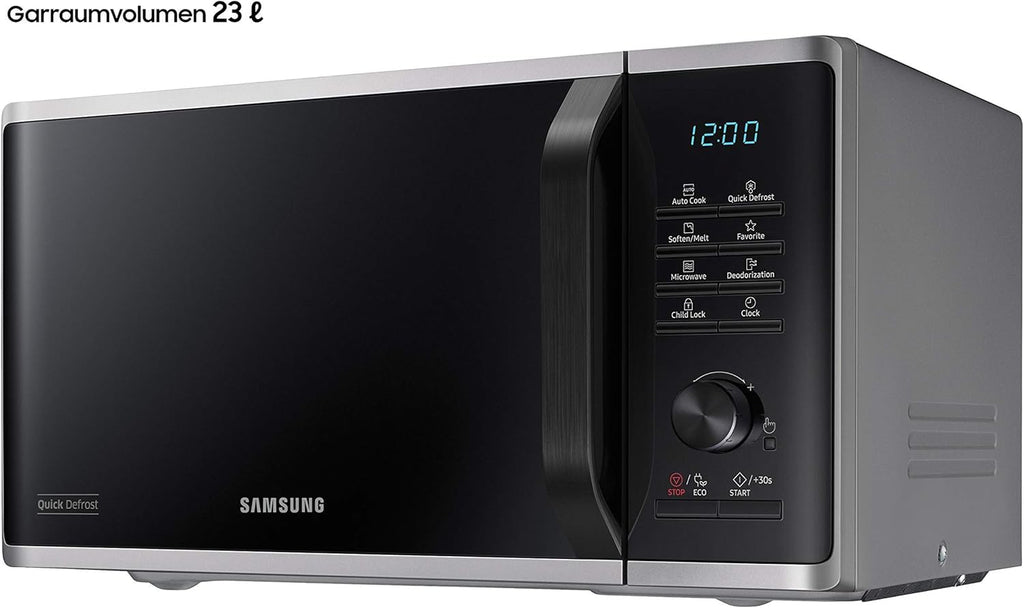 Microondas Samsung MS2AK3515AS/EG, 800 W, capacidad de 23 l, 48,9 cm de ancho, interior de esmalte cerámico resistente a los arañazos, programas de descongelación QuickDefrost, plateado