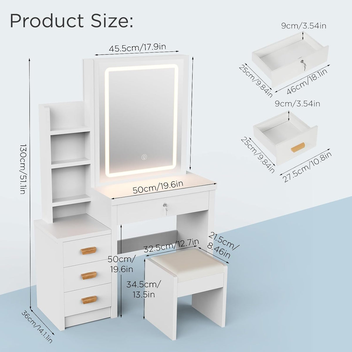 Tocador blanco, mesa de cosméticos con espejo y taburete, tocador con iluminación LED, mesa de maquillaje con 4 cajones, conjunto de tocador para dormitorio, 135 * 80 * 36 cm
