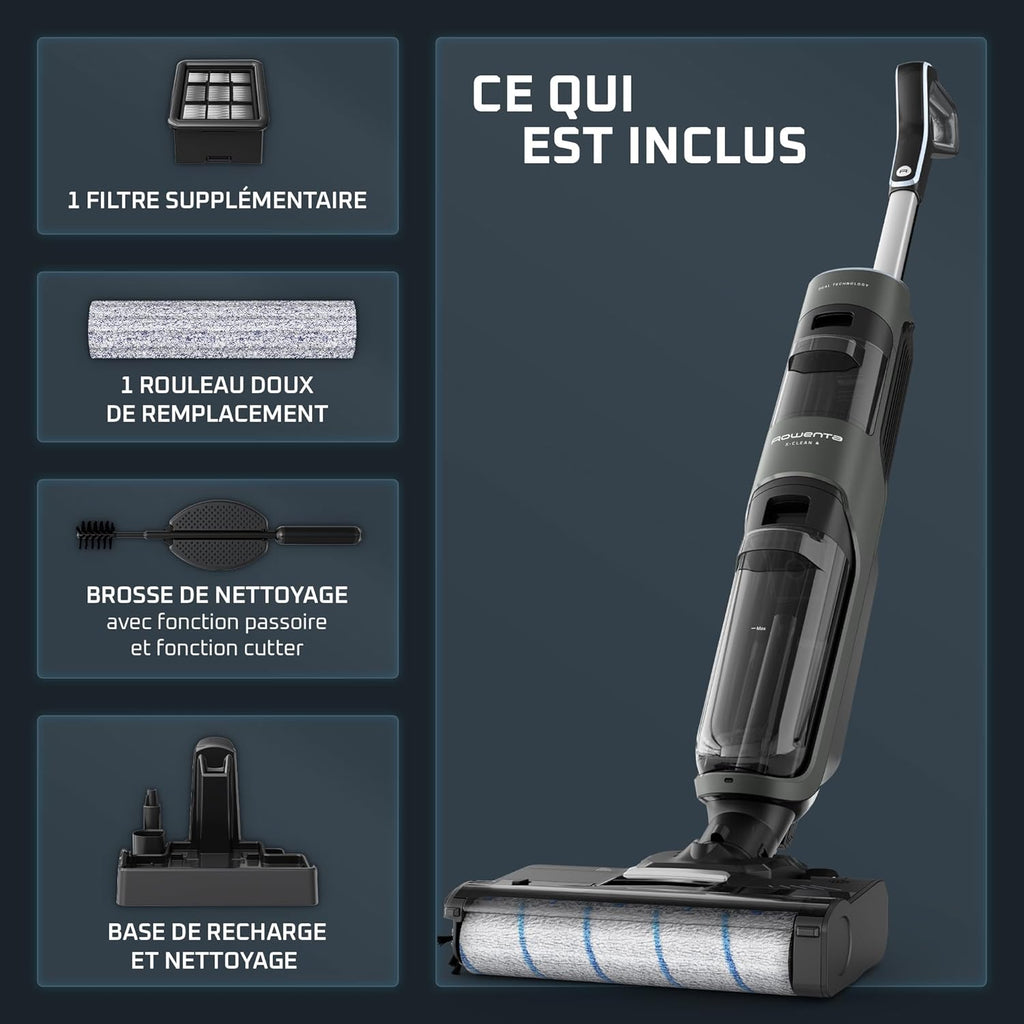 Aspirador escoba friegasuelos inalámbrico Rowenta X-Clean 4, aspiración y fregado potente, inteligente, 50 min de autonomía, autolimpieza GZ5037WO, negro