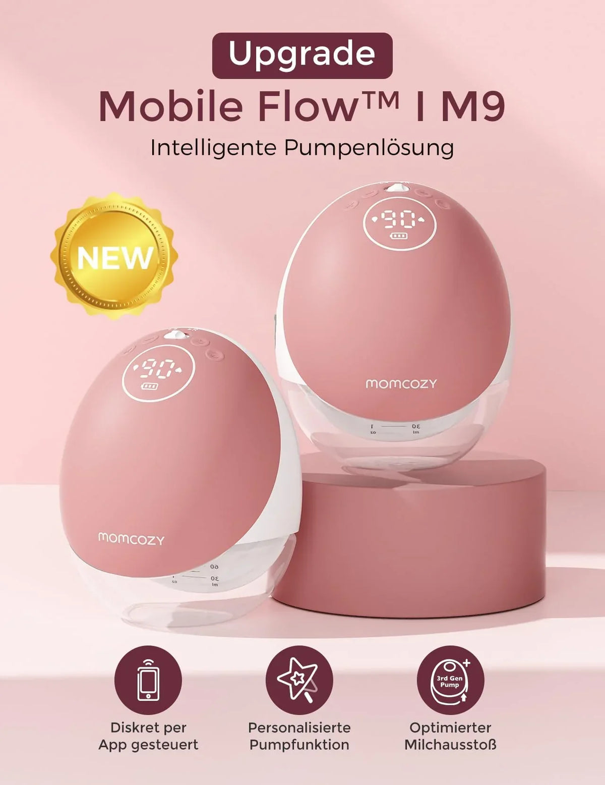 Extractor de leche eléctrico portátil Momcozy M9, manos libres, paquete de 2 unidades, color rojo, control por aplicación, 15 niveles, embudo de 24 mm, 150 ml