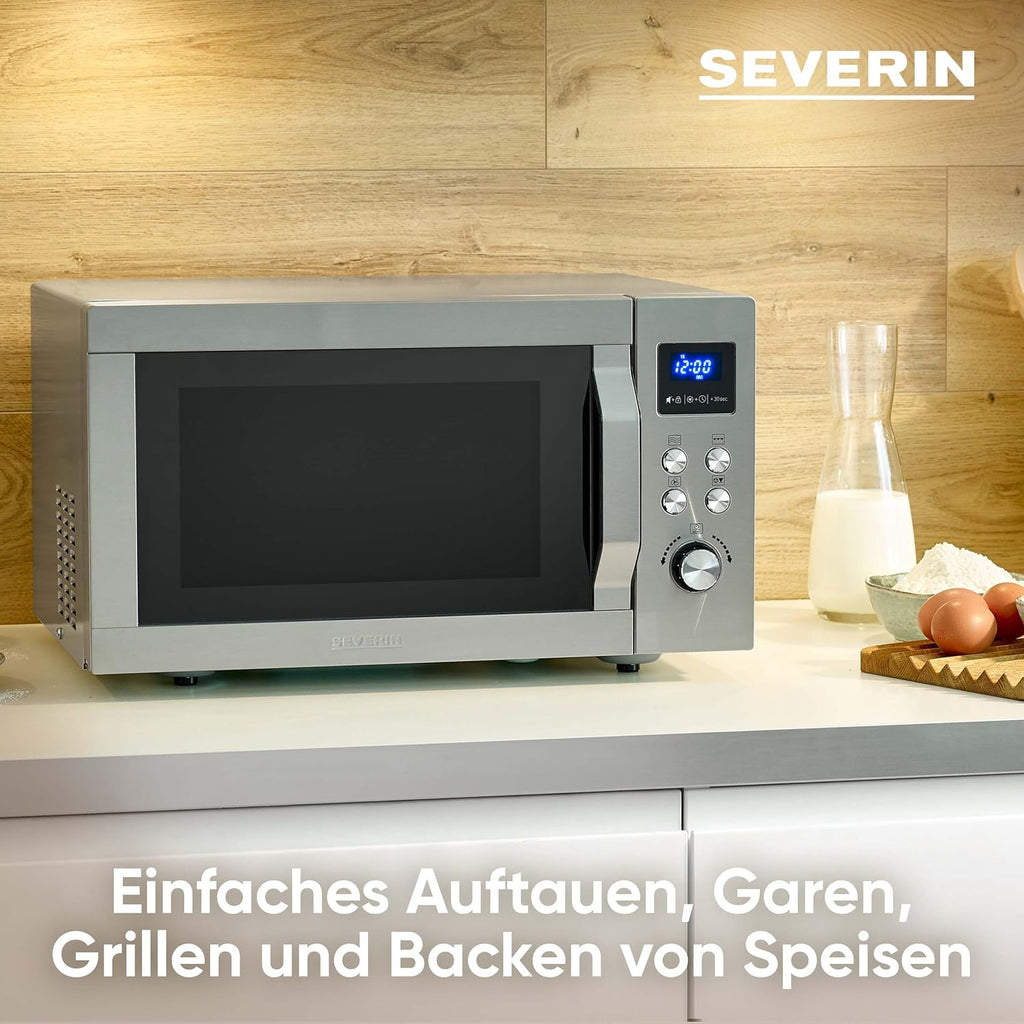 Microondas SEVERIN con función de grill y convección 3 en 1, para descongelar, cocinar y calentar, microondas con plato giratorio, acero inoxidable cepillado/plateado, MW 7774