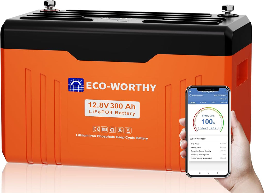 Batería de litio ECO-WORTHY 12V 300Ah LiFePO4 con Bluetooth y pantalla, batería LiFePO4 con BMS de 200A, protección de baja temperatura y máx. 15000 ciclos, 3840Wh 12V para autocaravana, panel solar