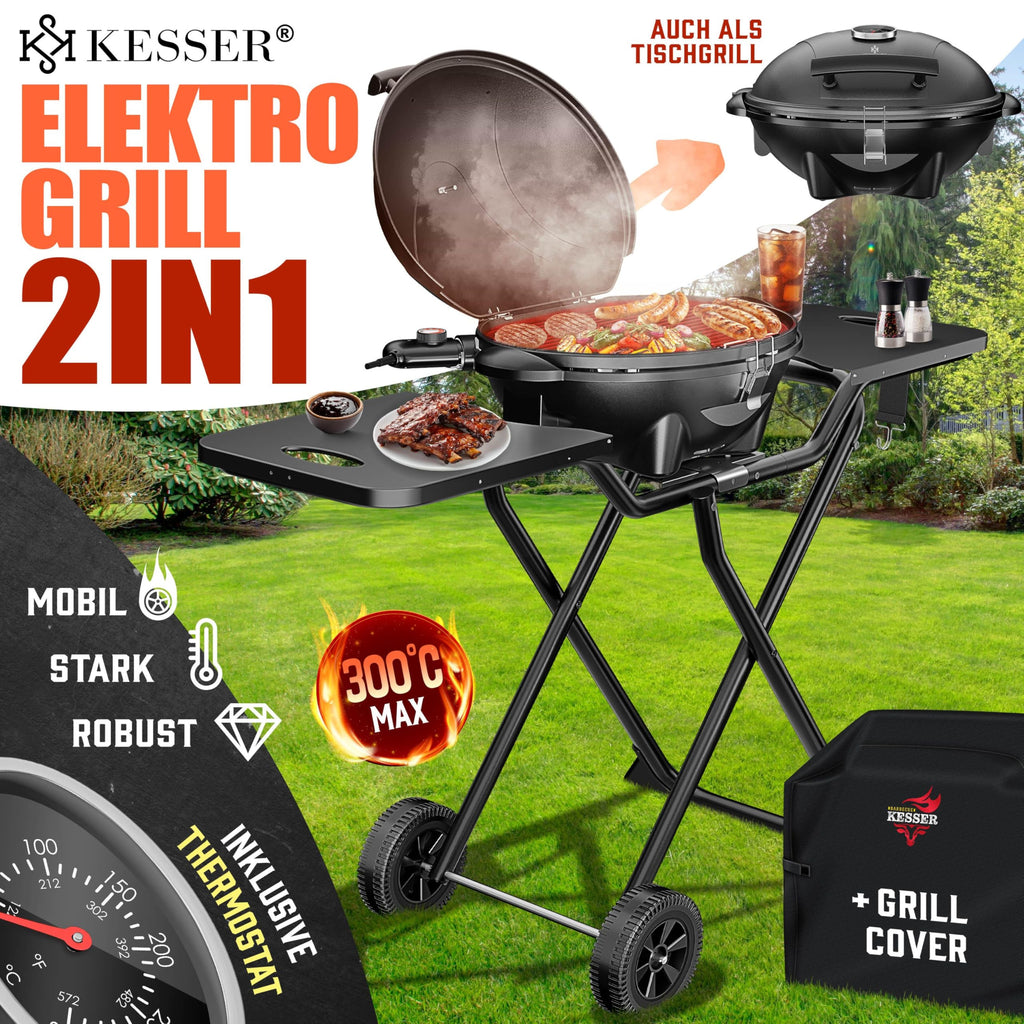 KESSER Parrilla eléctrica 2 en 1 de sobremesa y con soporte, 2400 W, termostato, revestimiento antiadherente, para interior y exterior