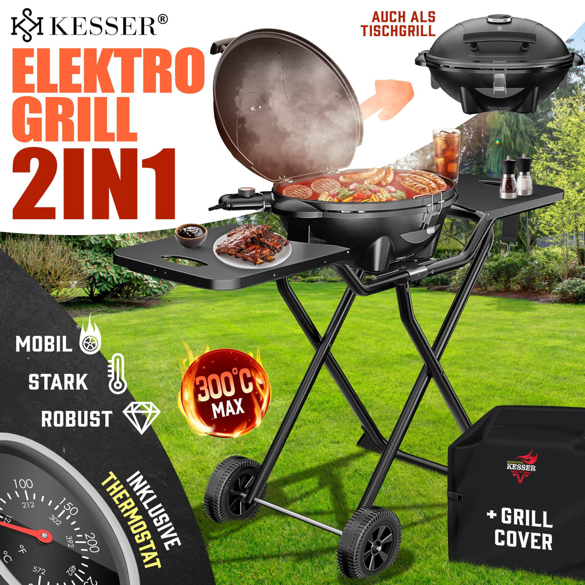 KESSER Parrilla eléctrica 2 en 1 de sobremesa y con soporte, 2400 W, termostato, revestimiento antiadherente, para interior y exterior