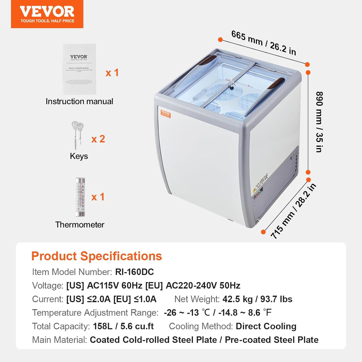Vitrina comercial para helados VEVOR, arcón congelador de 158 L, congelador móvil con tapa de cristal, vitrina para heladería de restaurante con 4 recipientes grandes, 2 puertas correderas de cristal, ruedas bloqueables, blanco