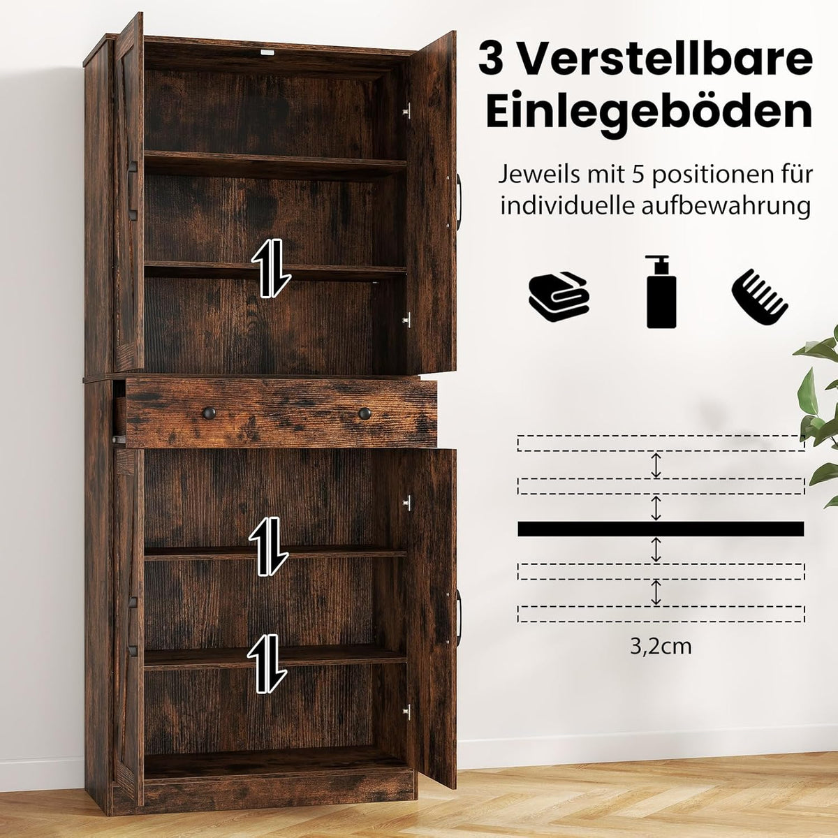 COSTWAY Armario de cocina alto, 183 cm, despensa con 4 puertas, cajón y 3 estantes ajustables, armario multiusos moderno, alacena alta, para cocina, comedor y salón, marrón