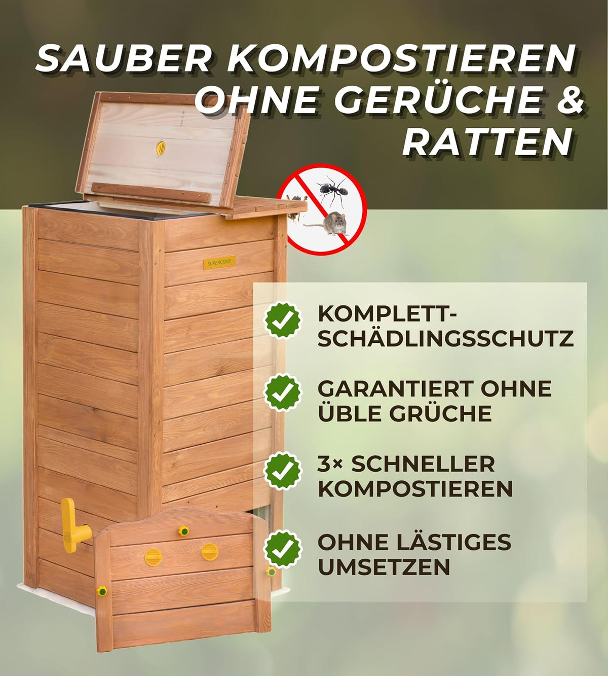 Compostador de madera a prueba de ratas con tapa, protección contra plagas, rejilla de ventilación y base, técnica deslizante para compostaje sin malos olores, sin necesidad de volteo, 340 L