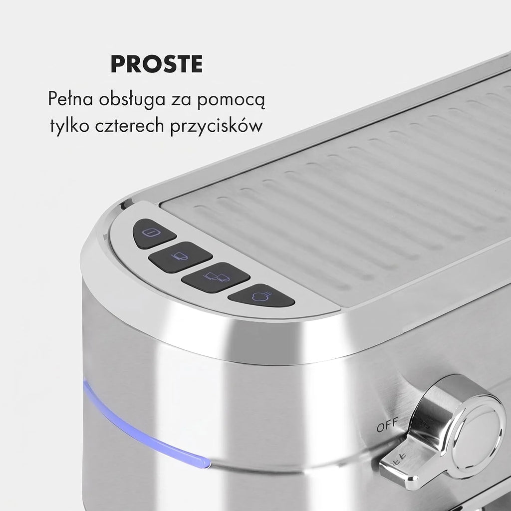 Klarstein Futura Ekspres do kawy, Ekspres kolbowy 1450 W, 20 barów, Jakość barista, Podwójny wylot, Stop przepływu, Kolbowy do kawy, Funkcja spieniania mleka, srebrny