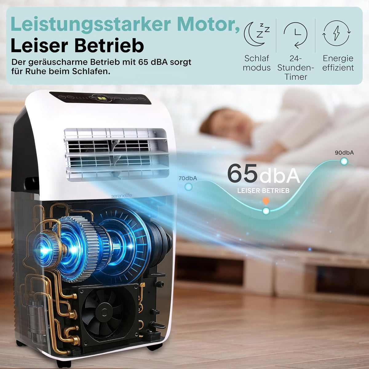 SereneLife Klimaanlage mobil 4-in-1: Luftkühler, Ventilator, Luftentfeuchter + Heizung – Tragbares Klimagerät mit Abluftschlauch, Fernbedienung & Kit für Räume bis 42 m² – Fenster-Montage 9,000 BTU