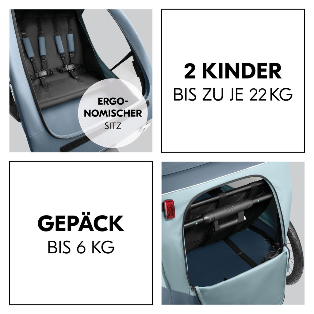 hauck Remolque de bicicleta y cochecito Dryk Duo Plus con suspensión, para 2 niños (6-48 meses), incluye barra de tiro, rueda de cochecito, bandera y luz LED, plegable, altura ajustable, maletero XL (verde oscuro)