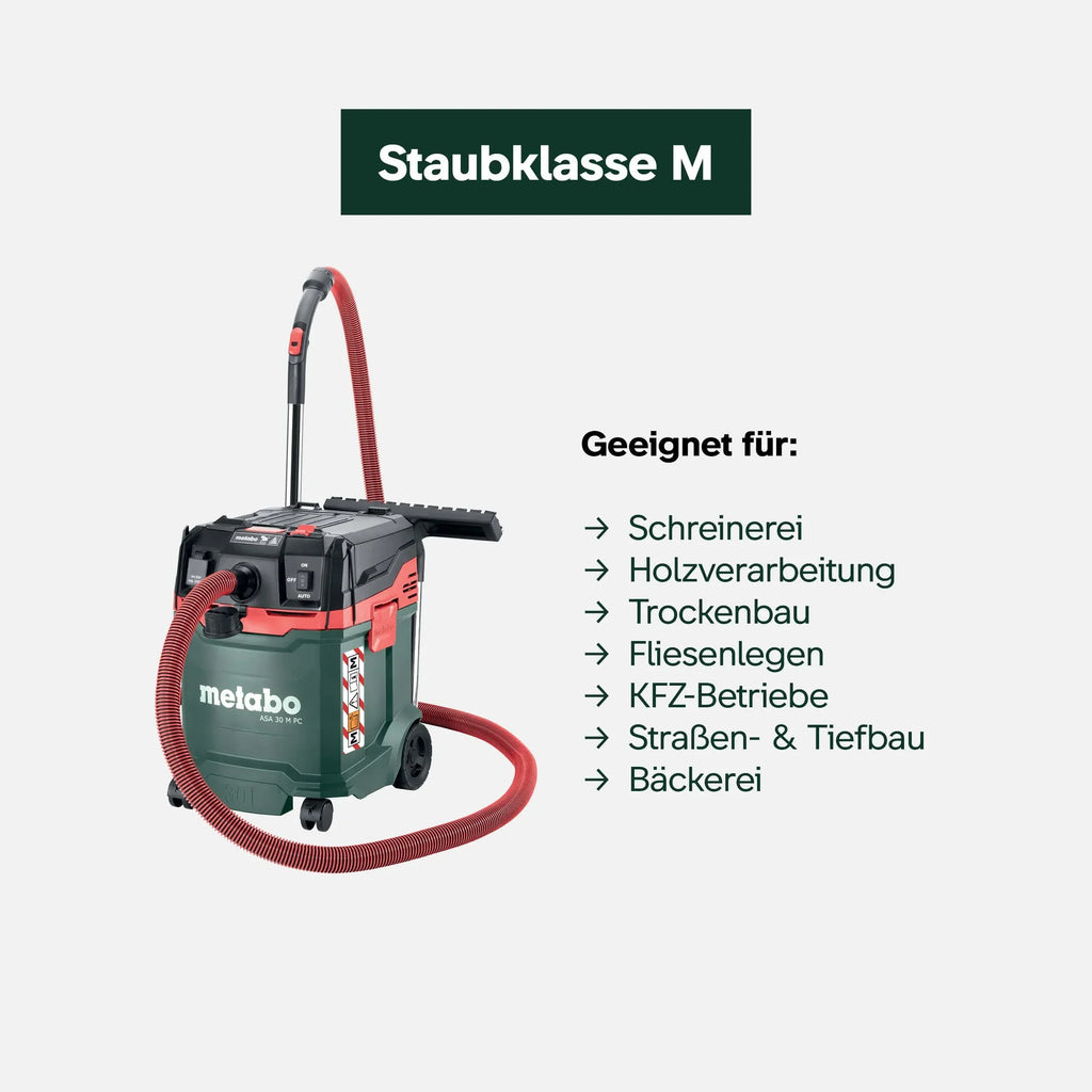 Aspirador universal metabo ASA 30 M PC, 1200 W, clase de polvo M, cable de 8 m, 30 l, manguera antiestática, limpieza de filtro, accesorios