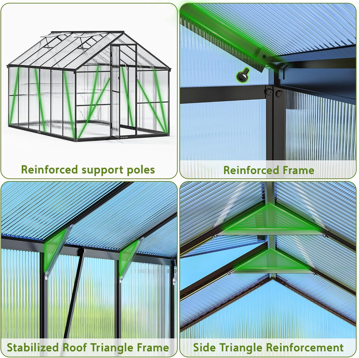 Invernadero de aluminio para jardín, 362x247x205cm invernadero de aluminio con cimientos, ventilación de techo ajustable, uso versátil como invernadero de cultivo resistente al invierno y casa para plantas