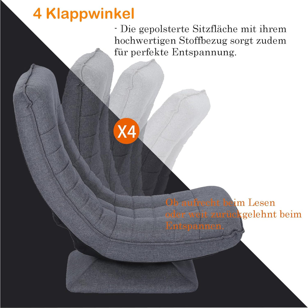 Sillón relax, cómodo sillón de suelo con respaldo ajustable en 4 posiciones, función giratoria de 360°, mecanismo de plegado, acolchado de 13 cm, capacidad de carga de 150 kg para salón o dormitorio (gris)