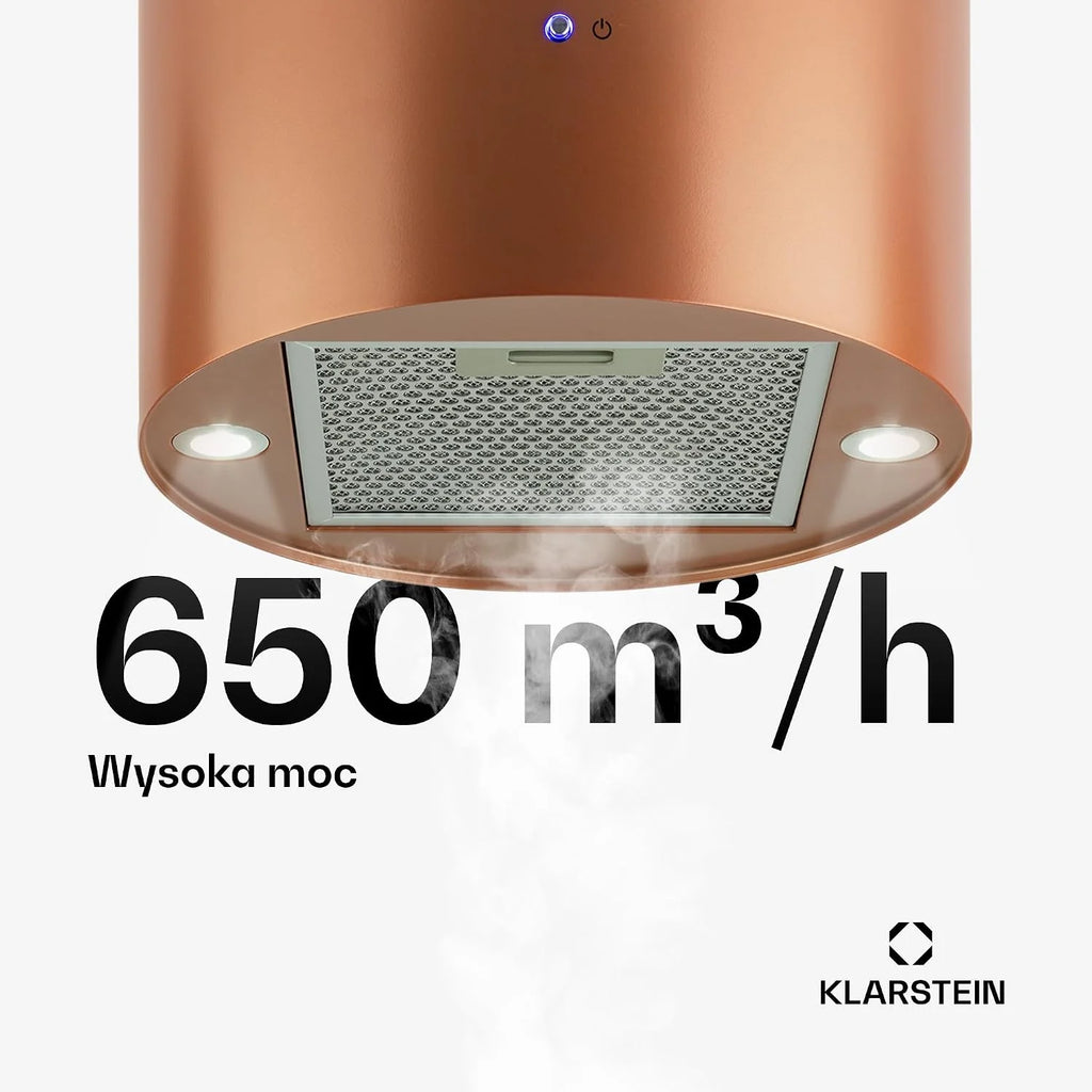 Klarstein Beretta Cooker Hood - Okap wyspowy, pokrywa 35 cm (Ø) / 60 cm, powietrze odprowadzane/recyrkulowane, 650 m³/h, z filtrami z węglem aktywnym, klasa efektywności energetycznej C - miedź